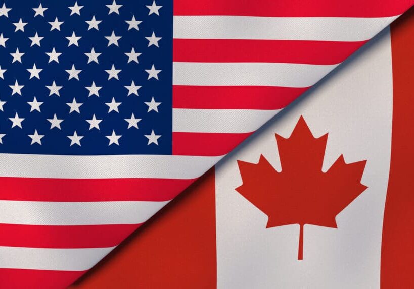 Two states flags of United States and Canada. High quality business background. 3d illustration